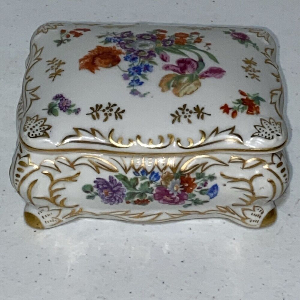 VTG SGK China Made‎ in Occupied Japan Trinket Dish Box Gold Trim Flowers 4.5”x3”